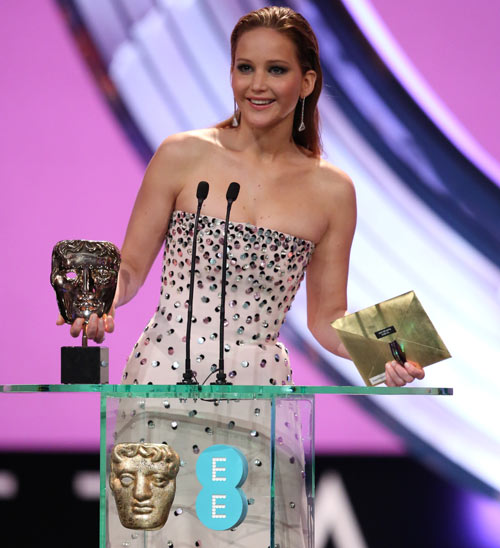 Jennifer Lawrence presenting the best supporting actor Bafta