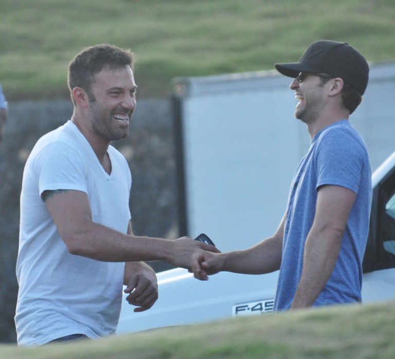 Ben Affleck and Justin Timberlake on set of 'Runner Runner' at San Cristobal Castle in Old San Juan, Puerto Rico.